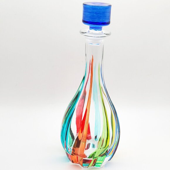 CC Zecchin Venezia Art Glass Rainbow Decanter Cobalt Stopper Italy Signed 12" - Picture 3 of 14